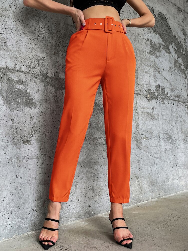 Solid Belted Tapered Pants | SHEIN