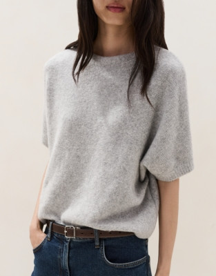 The White Company High Neck Knitted T-shirt with Cotton, Milk Chocolate Marl, Size: S | The White Company UK & ROW