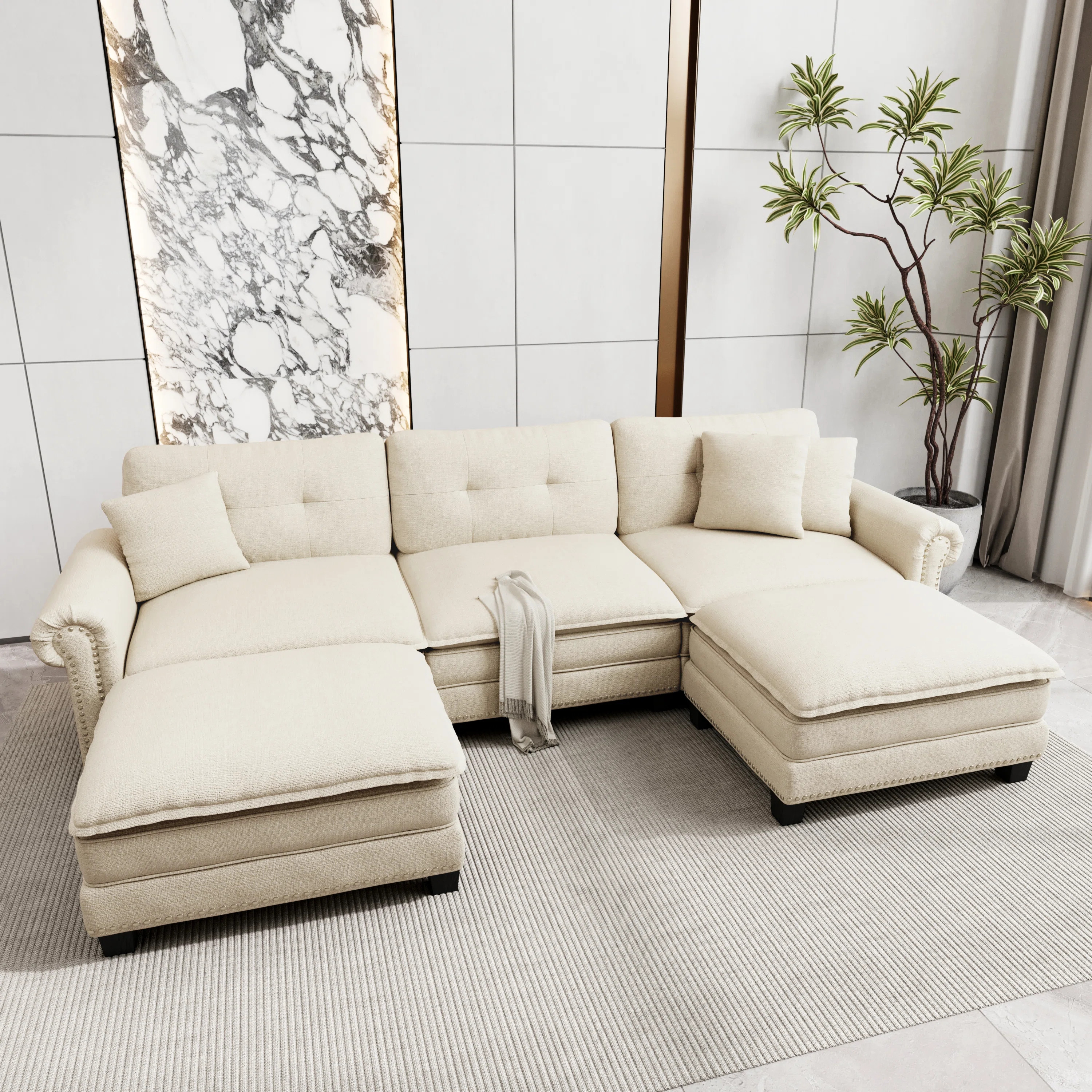 124" Modular Sectional Sofa With Nailhead Trim, Oversized U Shaped Couches With Ottomans, 5-seate... | Wayfair North America