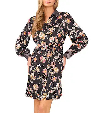 CeCe Woven Paisley Print Point Collar Long Sleeve Mini Shirt Dress | Dillard's | Dillard's