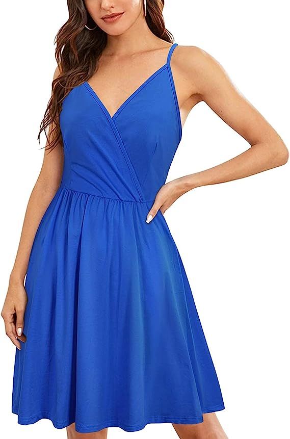 VOTEPRETTY Women's V-Neck Spaghetti Strap Dress Summer Casual Swing Sundress with Pockets | Amazon (US)