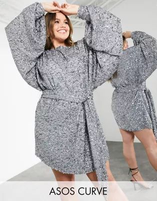 ASOS EDITION Curve mixed sequin mini dress with oversized blouson sleeves in silver | ASOS (Global)