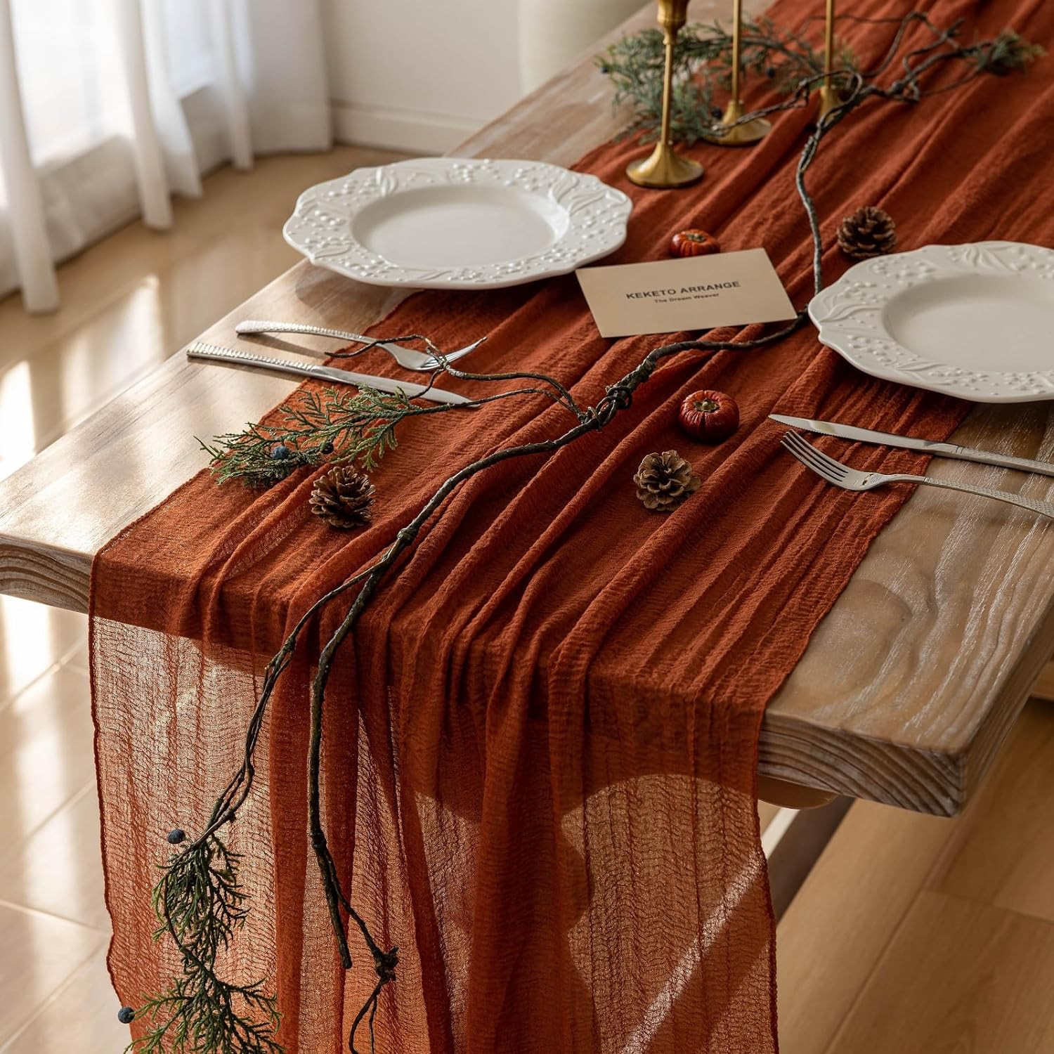 Keketo Fall Table Runner Terracotta Rust Gauze 120 Inch 10 FT Rustic Burnt Orange Cheese Cloth fo... | Amazon (US)