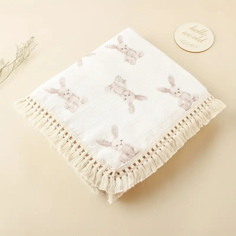 Contemporary Hand-Washable Cotton Muslin Throw with Tassel Embellishment, Reversible Bunny Print,... | Temu Affiliate Program