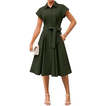 GRACE KARIN Womens Summer Work Business Casual Midi Shirt Dresses | 2026 V Neck Short Sleeve Butt... | Amazon (US)
