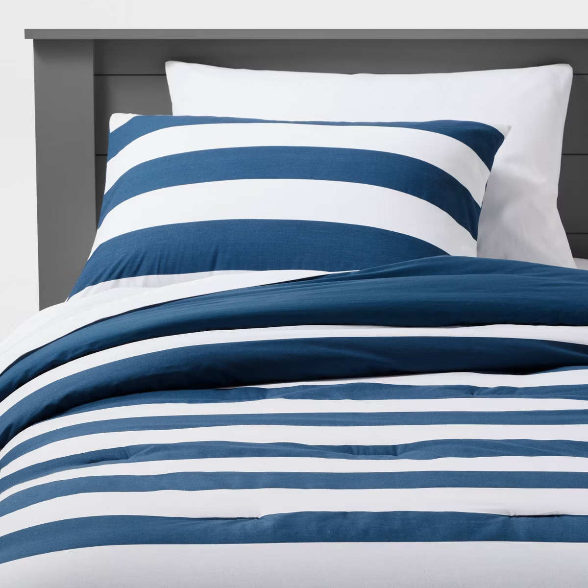 Full/Queen Rugby Striped Cotton Kids' Comforter Set Navy - Pillowfort™ | Target