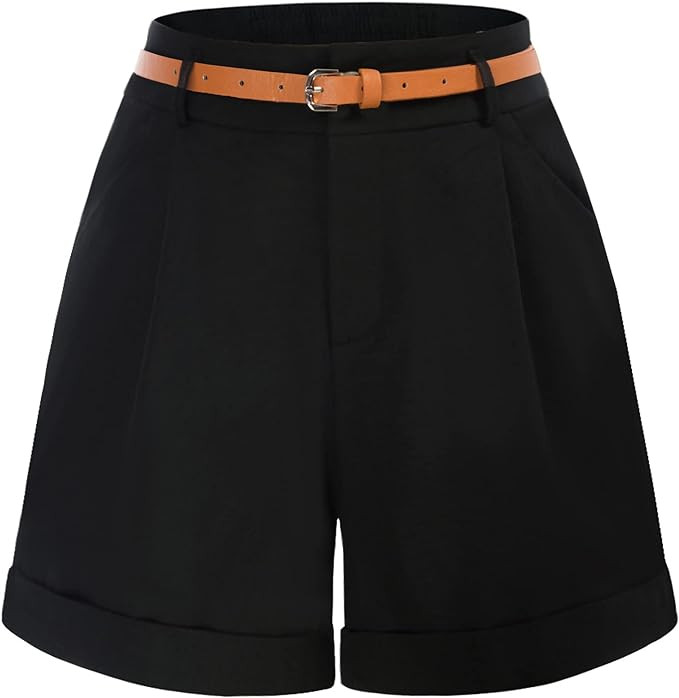 Belle Poque Women Bermuda Shorts Elastic Waist Wide Leg Shorts with Pockets & Belts | Amazon (US)
