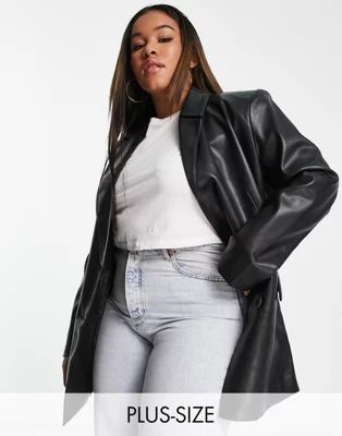 River Island Plus faux leather cinched waist blazer in black | ASOS (Global)