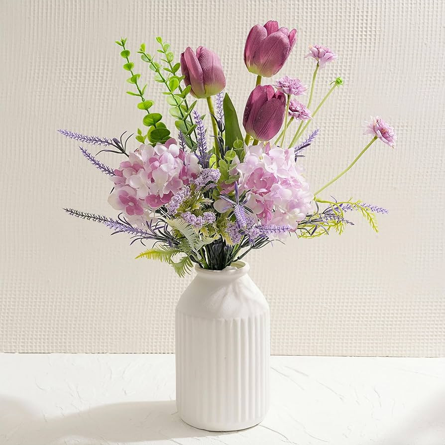 LUEUR Artificial Flowers with White Ceramic Vase – Spring Floral Centerpiece Table Decorations,... | Amazon (US)