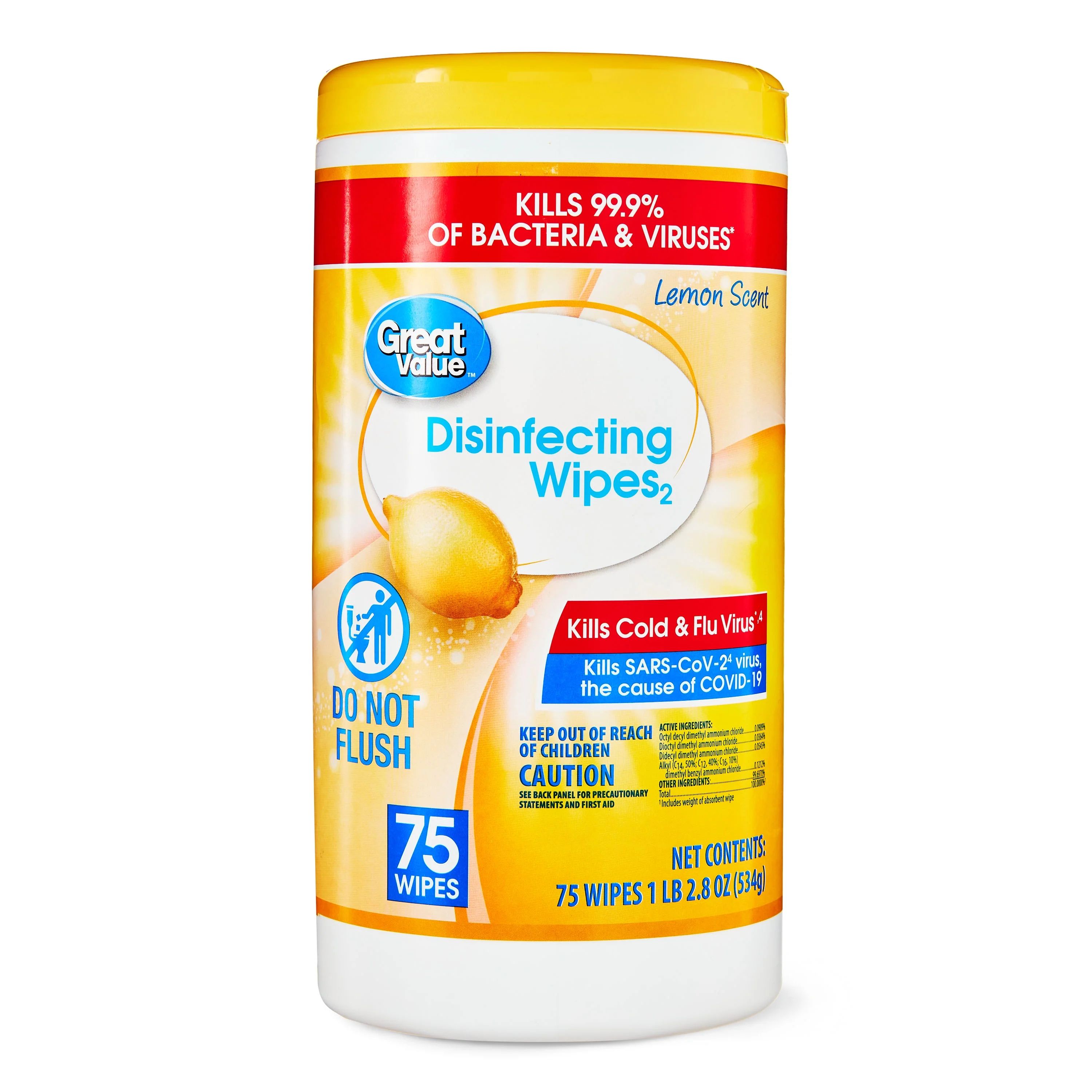 Great Value Lemon Scent Disinfecting Wipes, 75 Count, 1 lbs, 5.5 Ounce | Walmart (US)