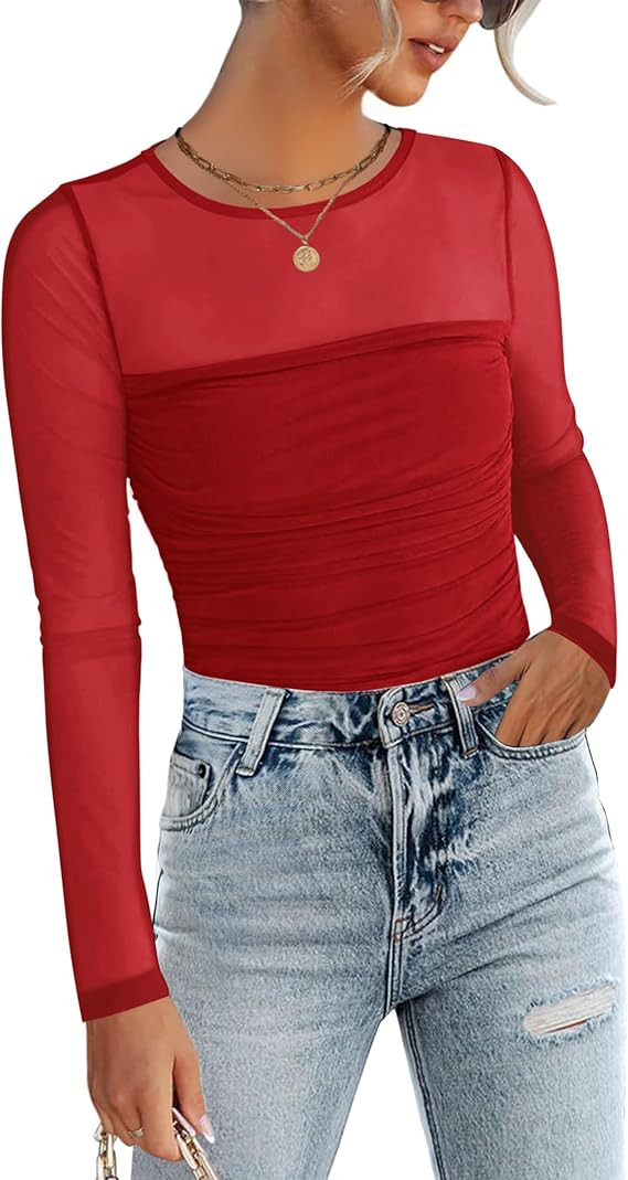 Zeagoo Long Sleeve Shirts for Women Sheer Mesh Sexy Blouses Fall Fashion Crewneck Going Out Tops | Amazon (US)