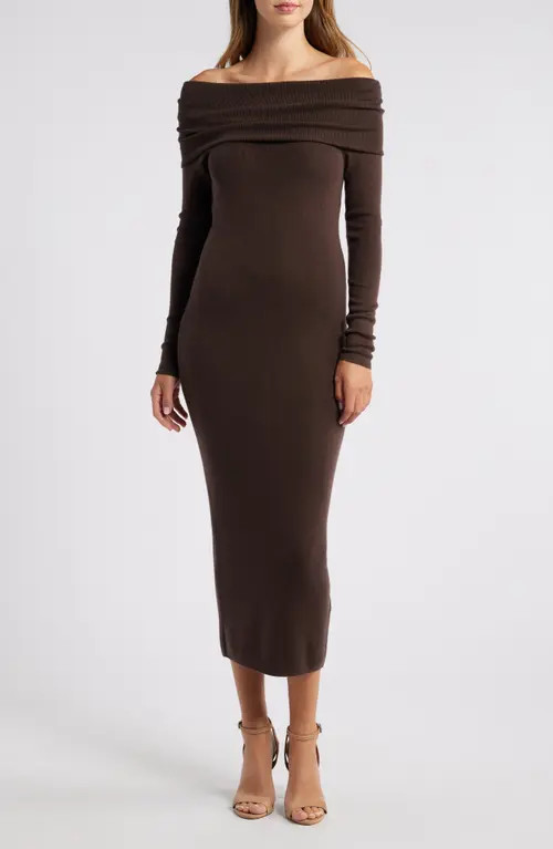 Charles Henry Off the Shoulder Long Sleeve Sweater Dress in Espresso at Nordstrom, Size Medium | Nordstrom