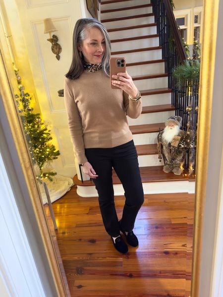 Casual black jeans outfit with camel crew neck sweater and velvet flats. Up the sophistication with a neck scarf. The Birdies flats can be monogrammed! #blackjeans #quincesweater #quince


#LTKshoecrush #LTKstyletip #LTKover40