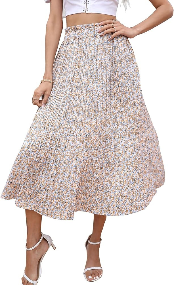 Chigant Women's Skirts Polka Dot High Elastic Waist Casual Skirt Pleated Floral Skirts with Pocke... | Amazon (US)