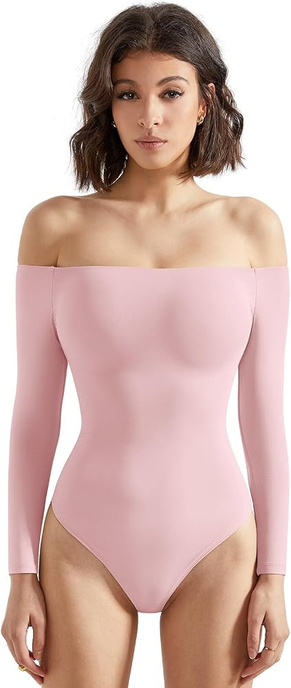 SUUKSESS Women Off the Shoulder Long Sleeve Bodysuit Double Lined Thong Bodysuit | Amazon (US)