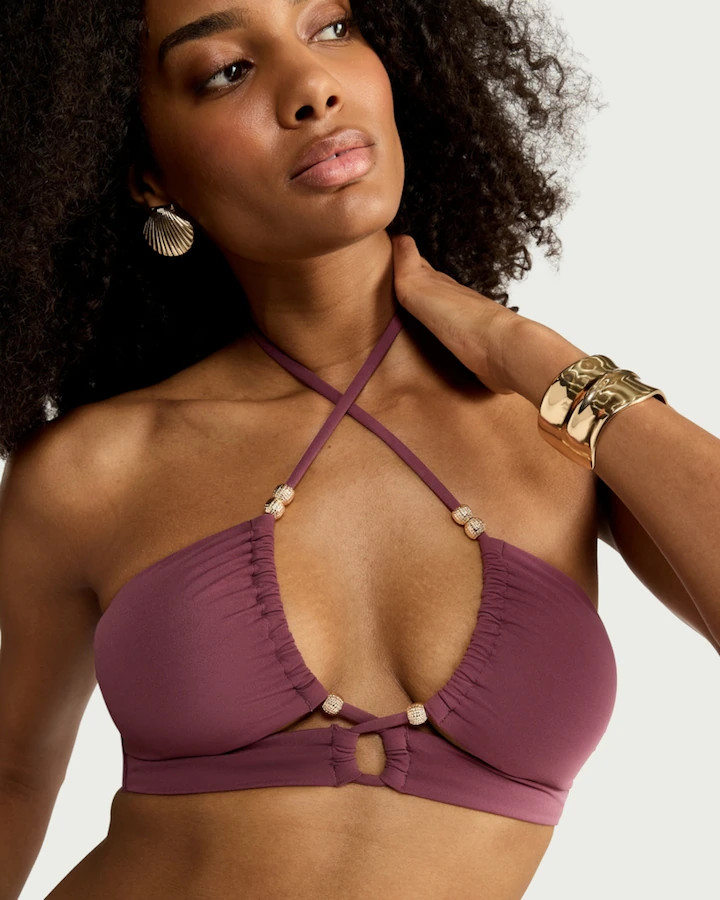 F&F Beaded Halter Neck Bandeau Bikini Top in Purple | Tesco F&F