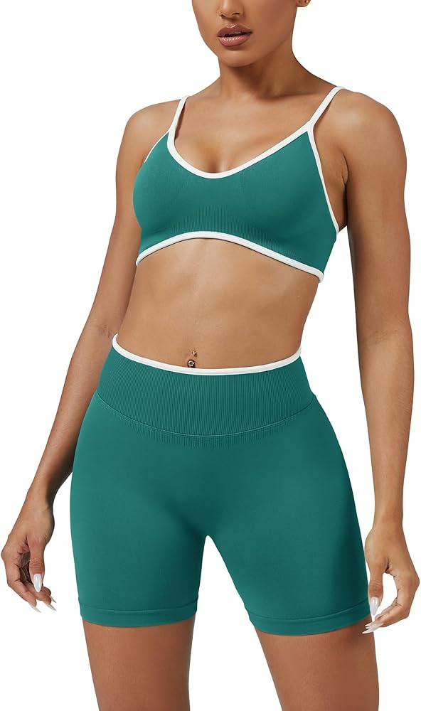 ABOCIW Workout Sets for Women Color Block Sports Bra Hidden Scrunch High Waist Biker Shorts 2 Pie... | Amazon (US)