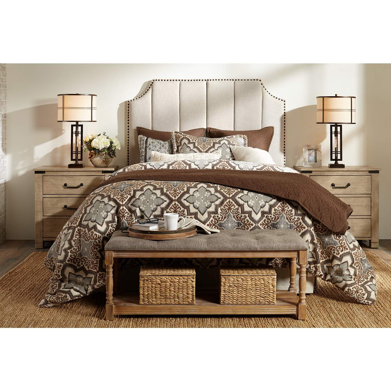 Barthen Oatmeal Tufted Queen Size Hanging Headboard | LampsPlus.com