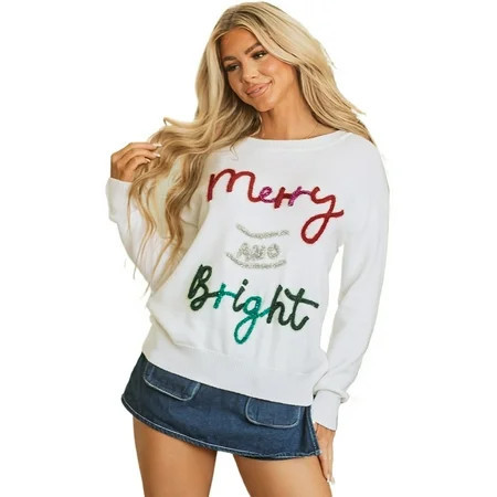 Women s White Tinsel Merry and Bright Graphic Christmas Sweater | [ZhiHiMeRi] | (US 16-18)XL | Walmart (US)
