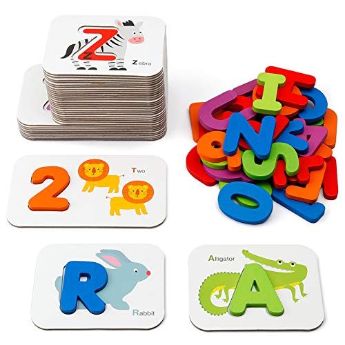 Coogam Numbers and Alphabets Flash Cards Set - ABC Wooden Letters and Numbers Animal Pattern Board M | Amazon (US)