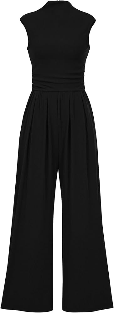 KIRUNDO Womens Jumpsuit Dressy Casual Summer Outfits One Piece Cap Sleeve Mock Neck Wide Leg Pant... | Amazon (US)