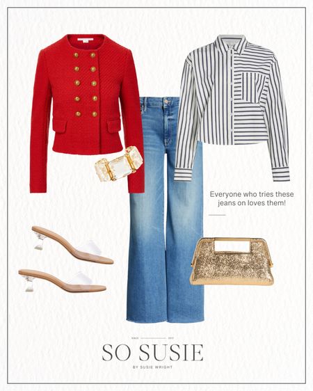 Fall transition outfit!! I love this red jacket, so classic and Chanel-inspired! Linking some similar looking tweed options below that are more budget friendly!

#LTKover40 #LTKstyletip #LTKSeasonal