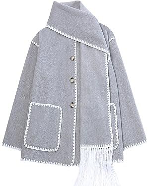 SeekMe Womens Embroidered Scarf Jacket Oversized Wool Blend Coat Button Down Winter Outerwear wit... | Amazon (US)