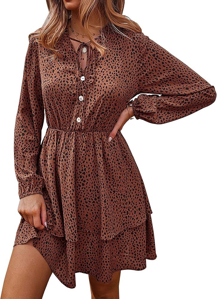 Amkoyam Women Spring Summer Long Sleeve Tie Neck Leopard Print Dress Casual Button Down High Waist L | Amazon (US)