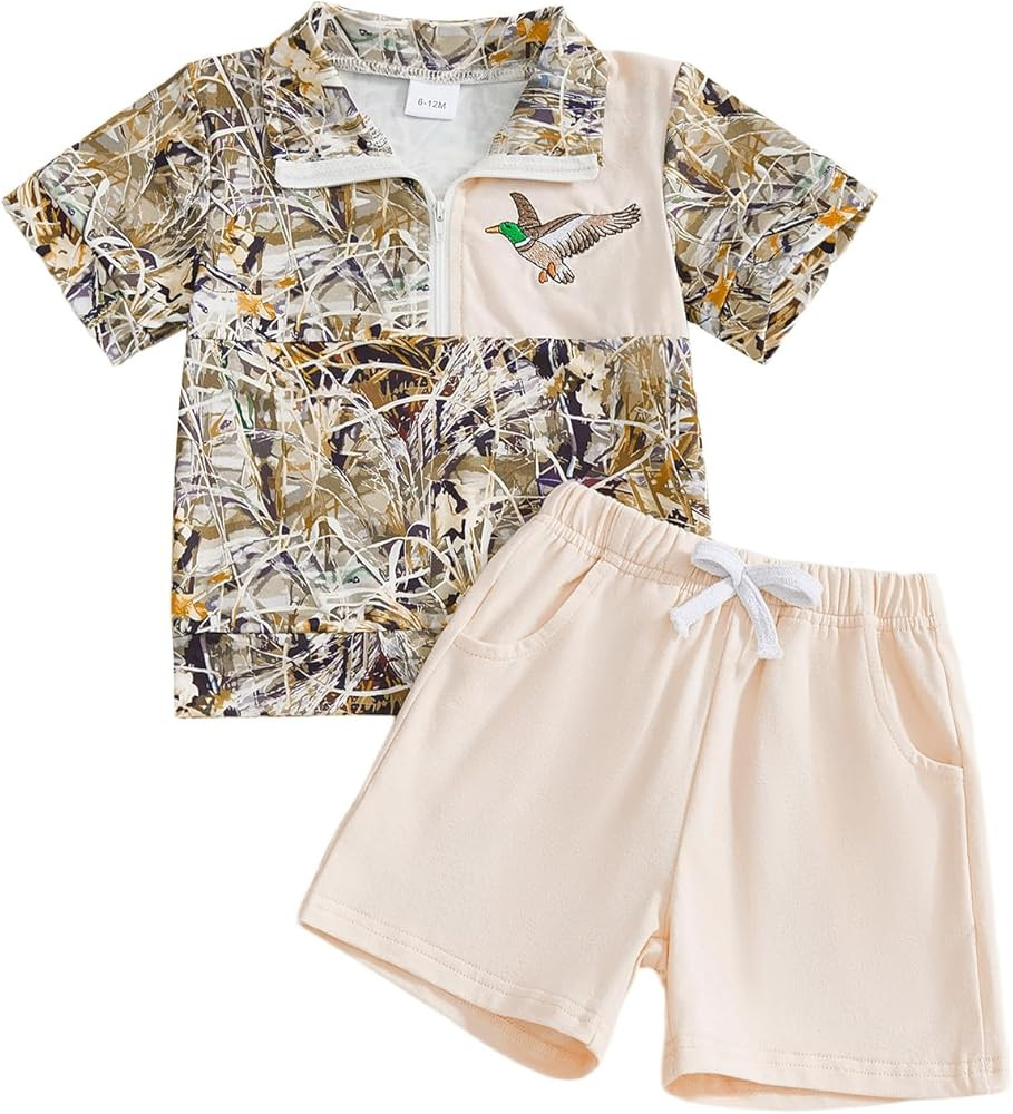 Toddler Baby Boy Summer Clothes Camouflage Quarter Zip Short Sleeve T Shirt Shorts 2 Piece Outfit... | Amazon (US)