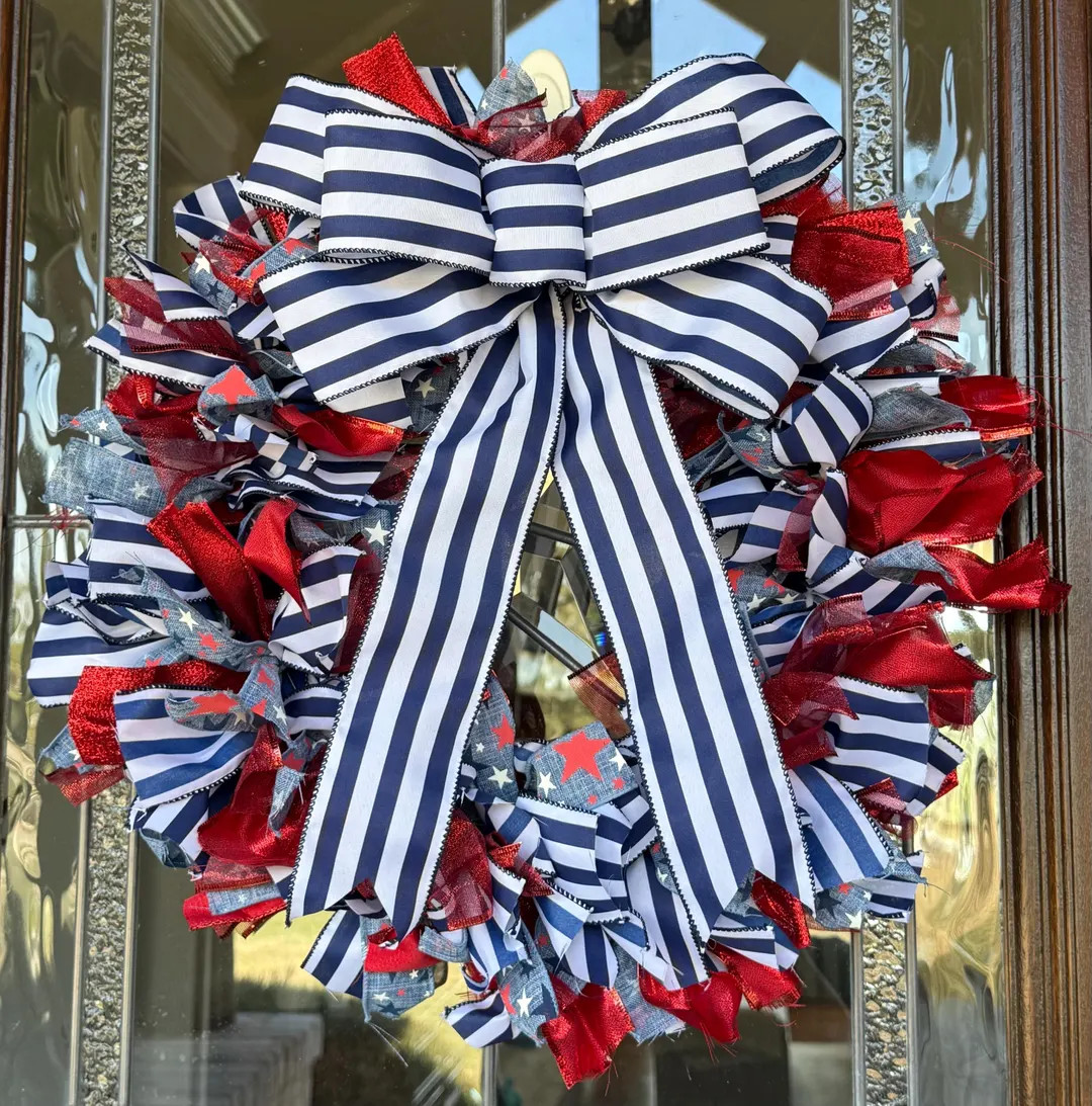Patriotic Red, White, and Blue Ribbon Rag Wreath - Etsy | Etsy (US)