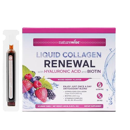 NatureWise Hydrolyzed Liquid Collagen for Women & Men 4000mg - High Absorption, Type 1 & 3 Peptides with Biotin + Vitamin C + Vitamin B Complex & Hyaluronic Acid -Mixed Berry - 10 Tubes[10 Day Supply] | Amazon (US)