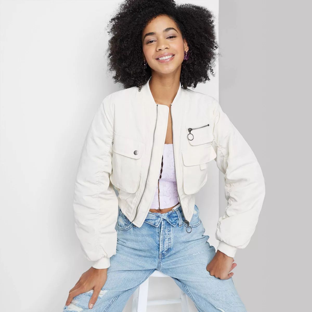Women's Cargo Utility Cropped Bomber Jacket - Wild Fable™ Off-White M | Target