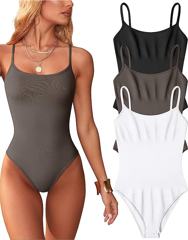 OQQ Women's 3 Piece Bodysuits Sexy One Piece Sleeveless Adjustable Spaghetti Strips Tops Bodysuit... | Amazon (US)