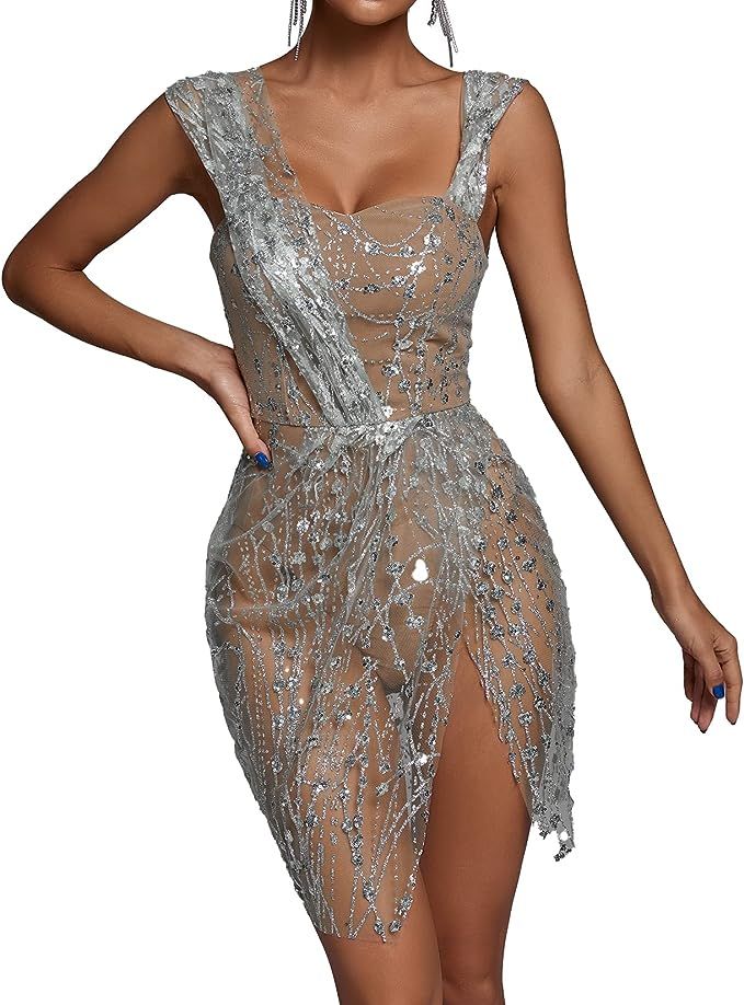 BELLA BARNETT Mesh Midi Dress Club Dresses Party Night Sexy See Through Bodysuit Dress Glitter Mi... | Amazon (US)
