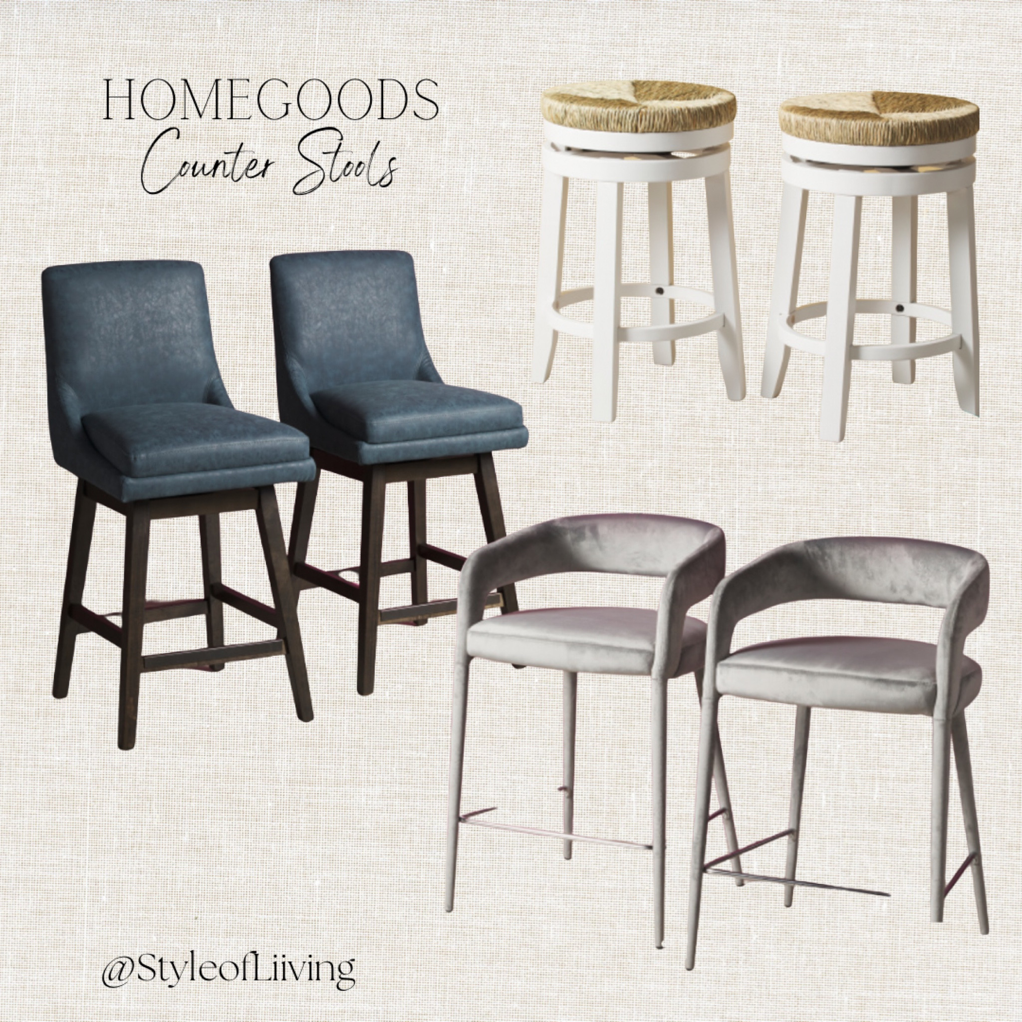 Counter stools and barstools from HomeGoods! Seating for dining space, kitchen, or bar space. Different home styles. Velvet seating, faux leather swivel, or wood with woven wicker swivel stools. Breezy beach coastal feel or luxe elegant decor.

#LTKhome #LTKFind #LTKsalealert