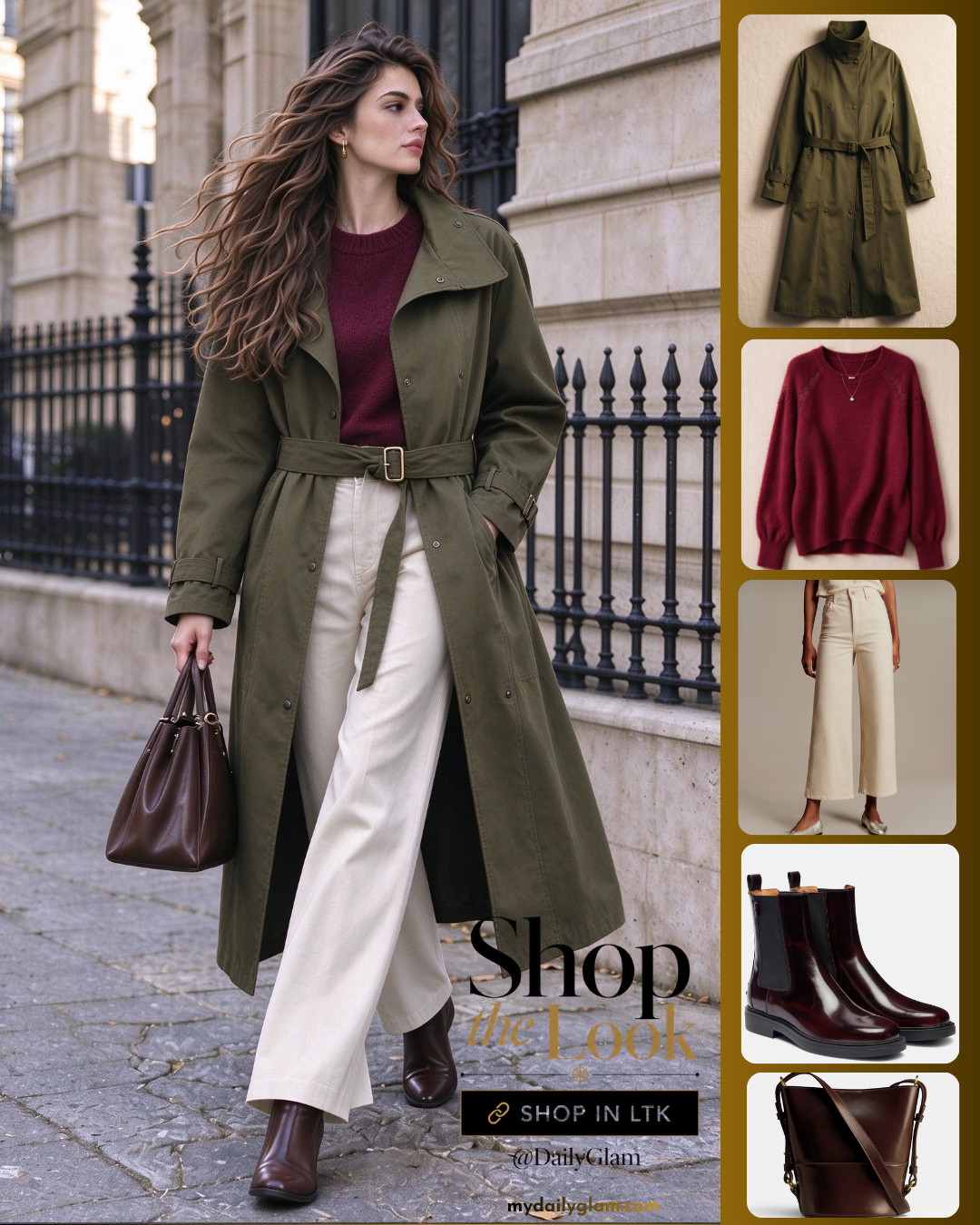 Fall outfit win ✨ This olive trench + burgundy knit combo is my new go-to Parisian uniform.
Neutral wide leg trousers and leather ankle boots tie everything together, effortless chic for everyday.
Perfect for city walks, coffee runs & work meetings.


#FallOutfit #ParisianStyle #OliveTrenchCoat #EffortlessChic #FallWardrobe #BurgundySweater #CommuteOutfit #FrenchStyle #TrenchCoatOutfit #OOTDFall 

 #LTKootd #LTKOver40 #LTKWorkwear