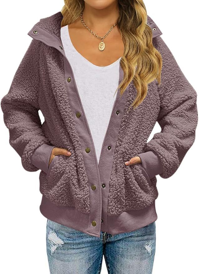 TECREW Womens Winter Sherpa Fleece Button Jacket Coat Loose Long Sleeve Outwear | Amazon (US)