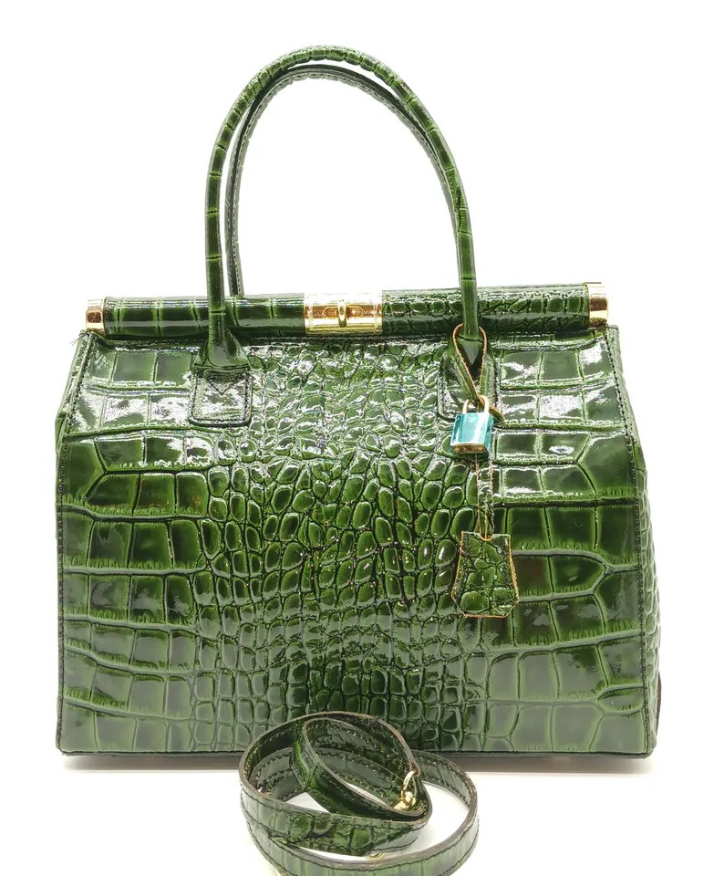 Italian Lock & Key Shiny Croc Embossed Genuine Leather Handbag Satchel – Made In Italy - Green | Etsy (US)