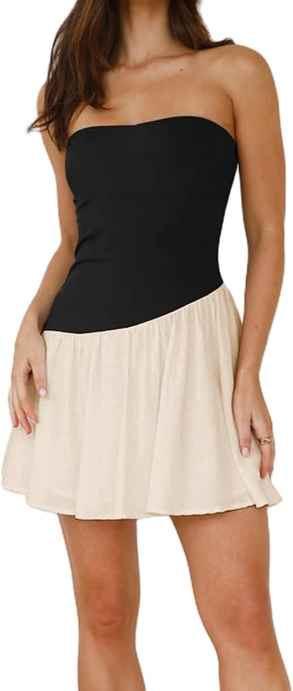 Women Strapless Tube Top Mini Dress Contrast Color Sleeveless A Line Short Dress Summer Beach Pat... | Amazon (US)