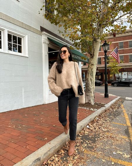 Kat Jamieson wears a cozy fuzzy sweater with booties and black relaxed fit jeans for fall. Fall outfit, fall boot. 

#LTKitbag #LTKshoecrush #LTKSeasonal