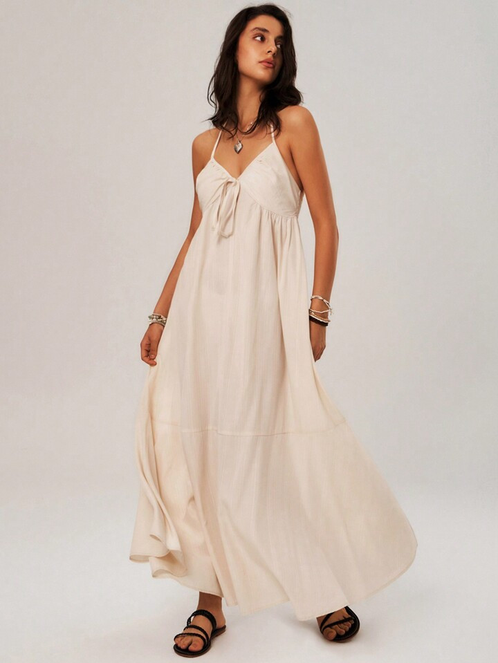 SHEIN BohoFeels Solid Color Halter Neck Vacation Dress | SHEIN