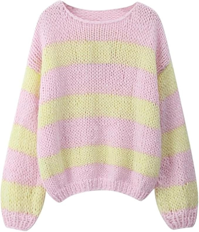 Oversized Sweaters for Women Color Block Striped Sweaters Y2K Crewneck Long Sleeve Knit Sweater | Amazon (US)