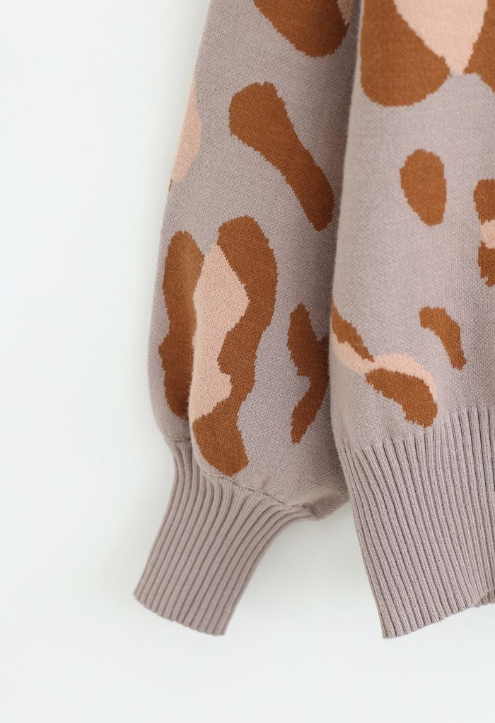 High Neck Irregular Print Ribbed Knit Sweater in Taupe | Chicwish