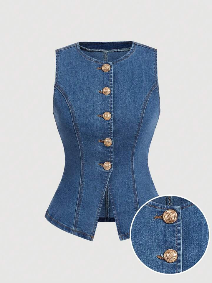 SHEIN MOD Women's Sleeveless Denim Vest Top With Gold Button Detail,Business Casual Woman | SHEIN