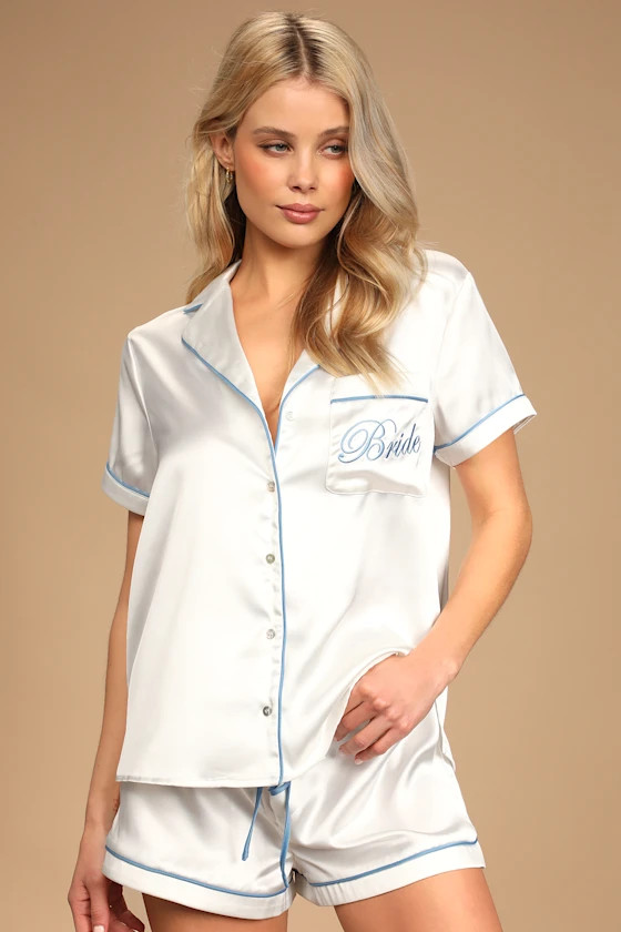 Miss to Mrs White Embroidered Satin Two-Piece Pajama Set | Lulus (US)