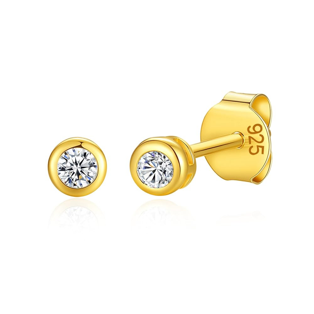 14K Gold Plated 925 Sterling Silver Cubic Zirconia Round Bezel Set Stud Earrings, 2mm to 4mm Ston... | Amazon (US)