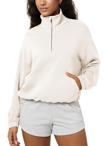 ODODOS Women's Modal Soft Cinchable Sweatshirts Half Zipper Funnel Neck Oversize Pullover with Pockets, Ivory, Medium | Amazon (US)