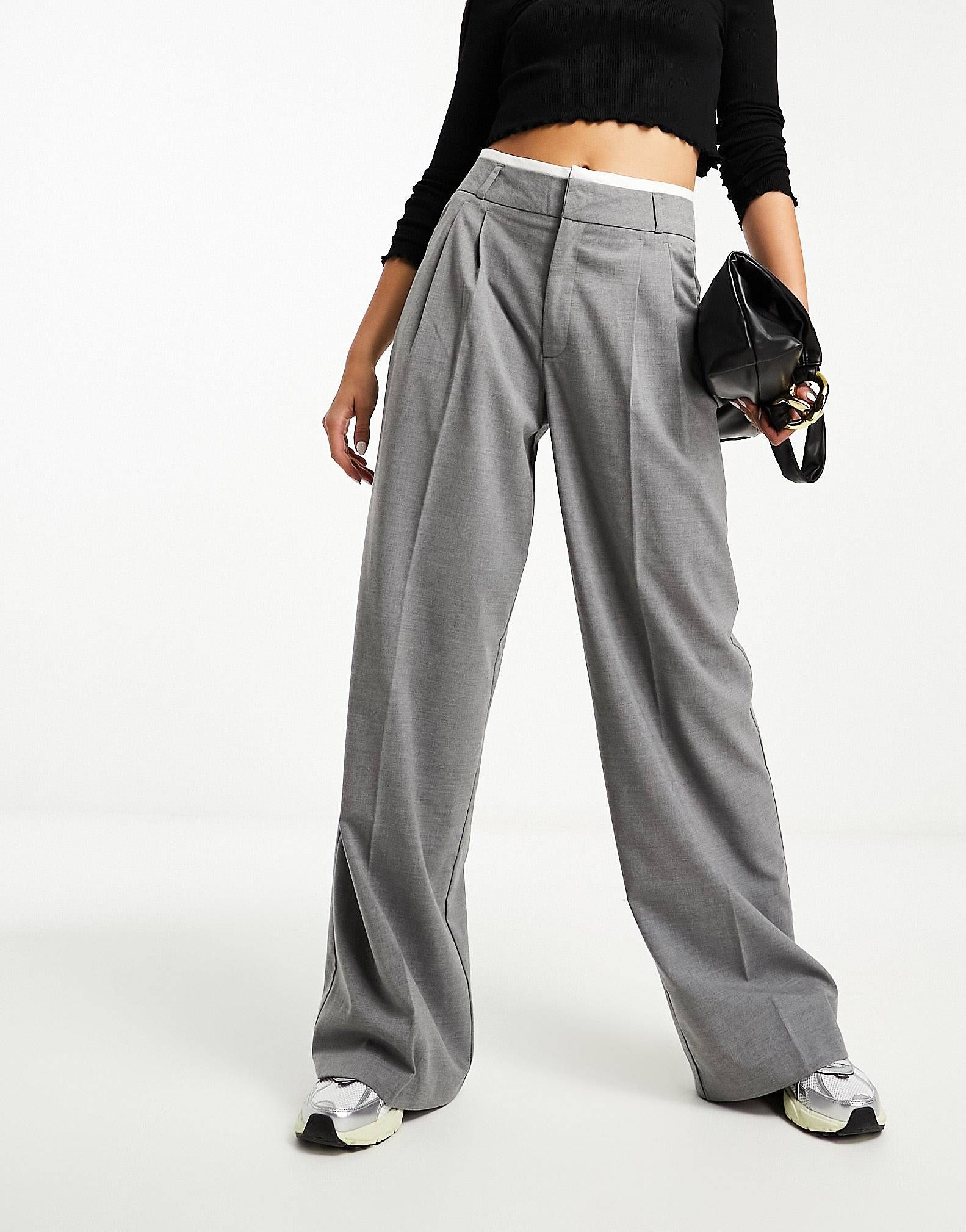 Stradivarius tailored wide leg trouser with double waistband in grey | ASOS (Global)