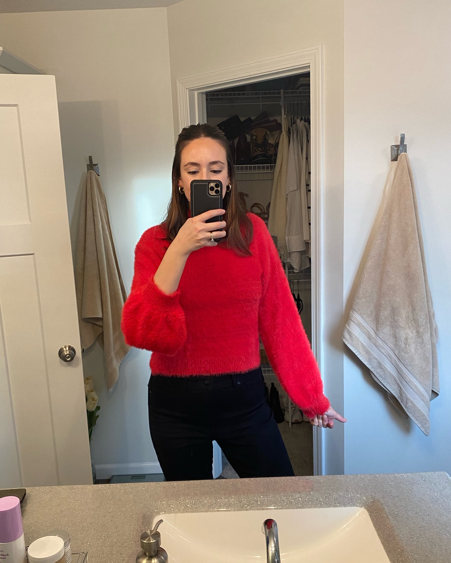 Valentines sweater. Red sweater. Spring sweater. Soft sweater. Red long sleeve top. Red top. Black pants. Black skinny jeans. Valentines outfit. Casual outfit. Work outfit. 

#LTKunder100 #LTKstyletip #LTKFind