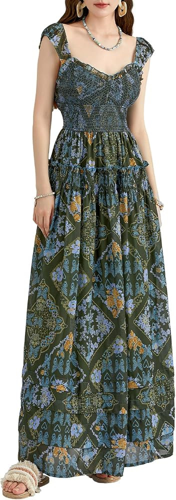 Women's Y2k Floral Boho Long Dress Sweetheart Neck Cap Sleeve Smocked Maxi Dress Summer Spring A-... | Amazon (US)